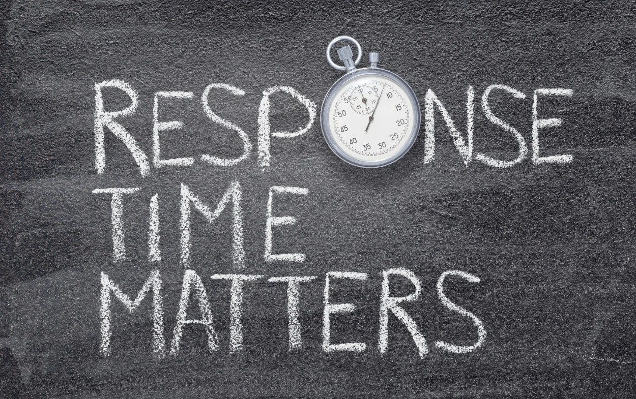 immediate response how foxtech's systems work Stopwatch with text 'Response Time Matters' on chalkboard.