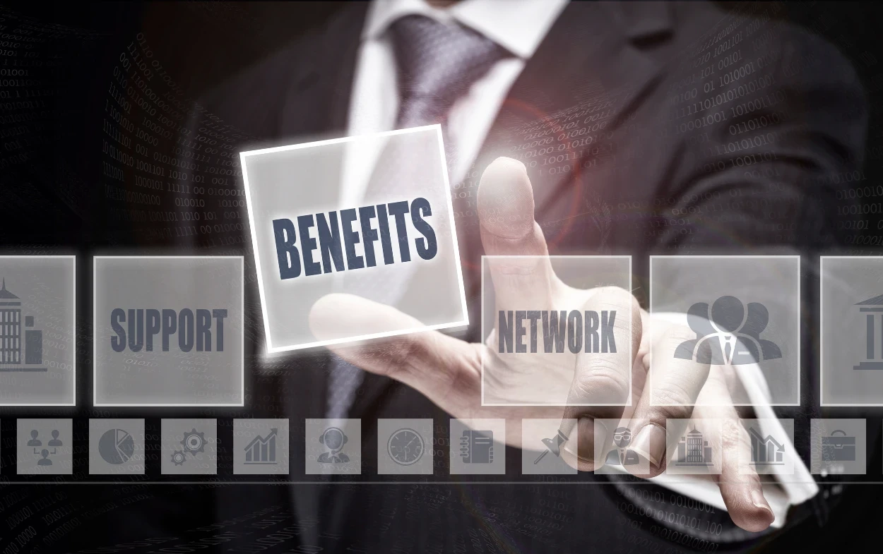 maximizing benefits beyond just alarms Businessman selecting 'benefits' on digital interface.