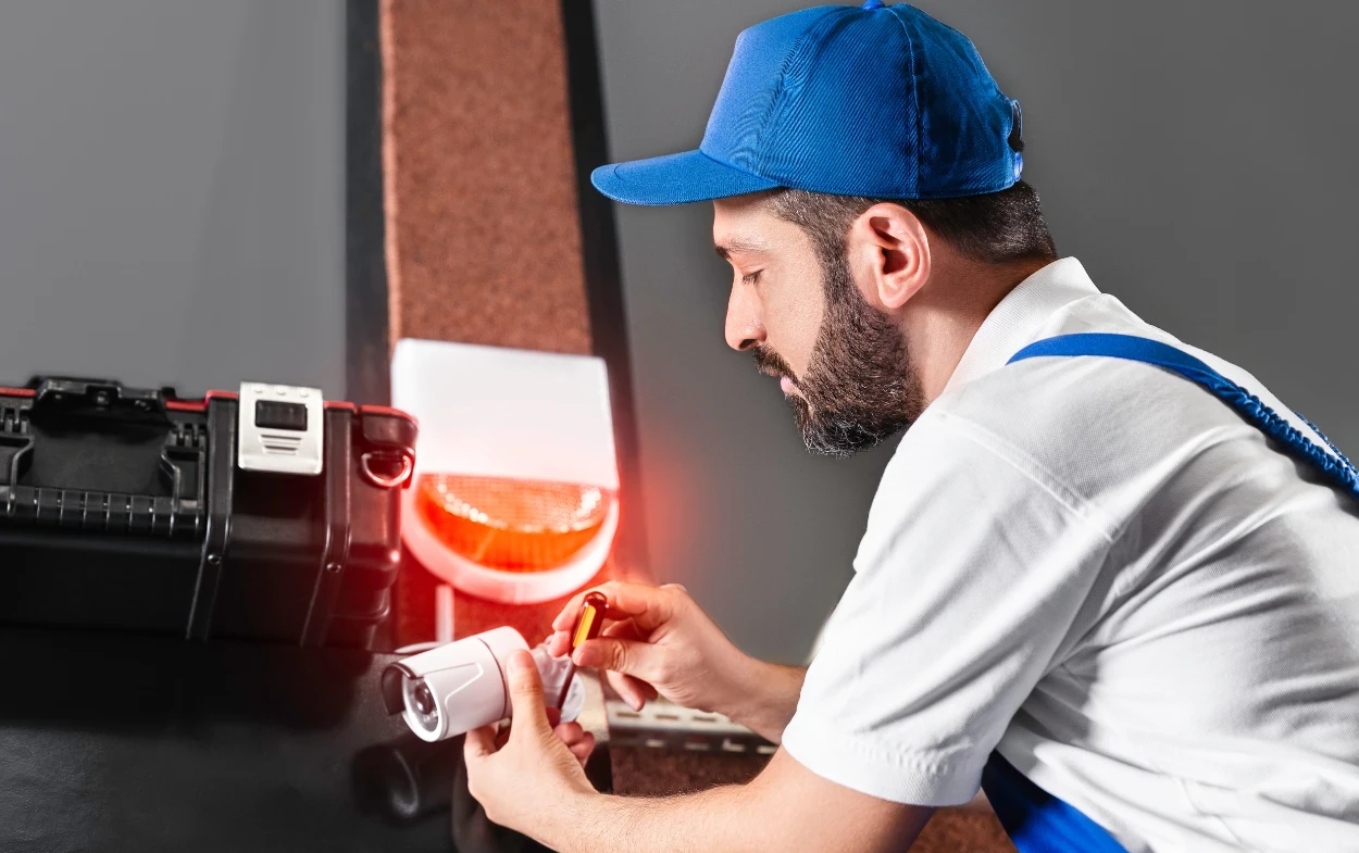 professional installation process explained Electrician installing surveillance camera indoors. and integration the cctv sysystem with home security alarm system.