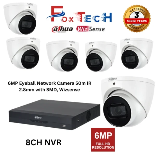 6MP network camera with NVR and warranty badge.