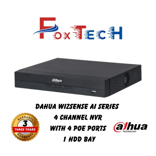 Dahua WizSense AI NVR, 4 channels, 3-year warranty.